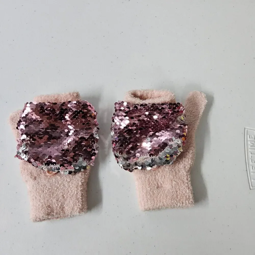 Justice Convertible Mitten Gloves Kids One Size Pink Reversible Flip Sequin Fuzz